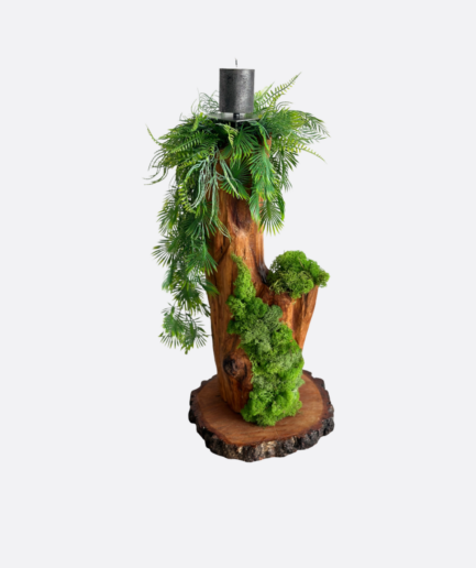 Dębowy Świecznik z dekoracją z zielonych roślin LYNETTE
