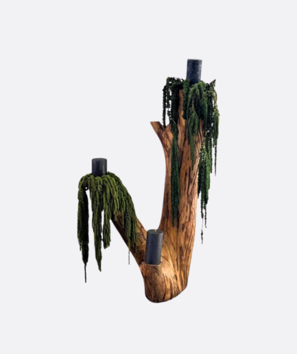 Dębowy Świecznik z dekoracją z zielonych roślin stabilizowanych DYLAN